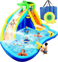 Scivoli d'acqua gonfiabili per bambini, parco acquatico gonfiabile 8-in-1 con soffiatore da 450 W, parete da arrampicata, piscina, 2 cannoni ad acqua, canestro da basket, scivolo ad acqua, irrigatore a coccodrillo come regalo per una festa in giardino