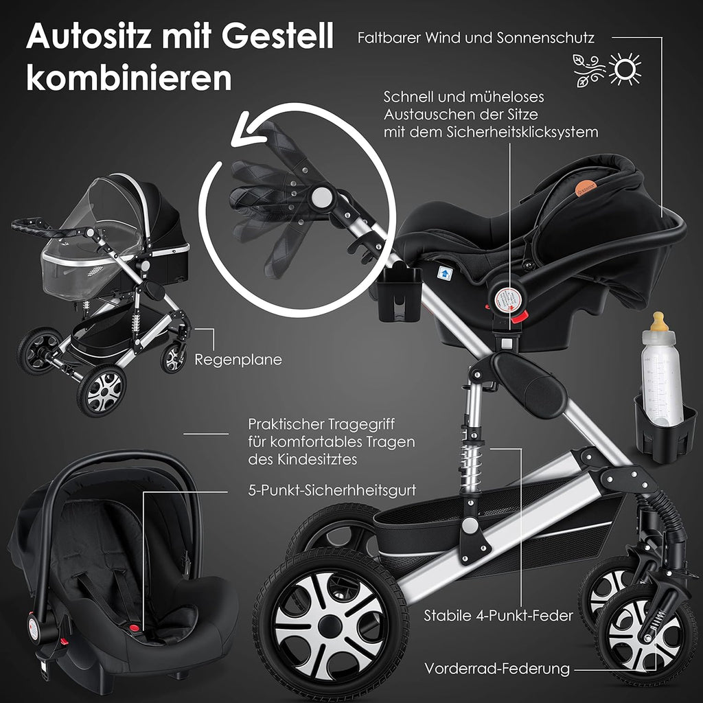 KESSER Loops 3 in 1 Passeggino Combinato, Set Completo con Navicella, Seduta Sportiva Buggy e Seggiolino Auto Ovetto, Gomme Piene, Borsa Fasciatoio, Parapioggia, Tavolino, ECE R129, Nero/Champagne