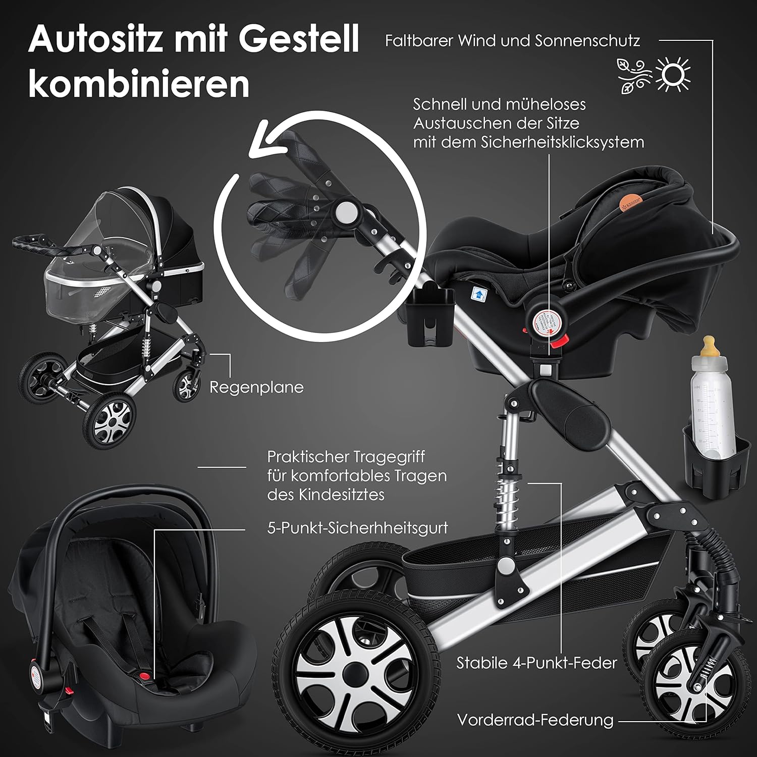KESSER Loops 3 in 1 Passeggino Combinato, Set Completo con Navicella, Seduta Sportiva Buggy e Seggiolino Auto Ovetto, Gomme Piene, Borsa Fasciatoio, Parapioggia, Tavolino, ECE R129, Nero/Champagne