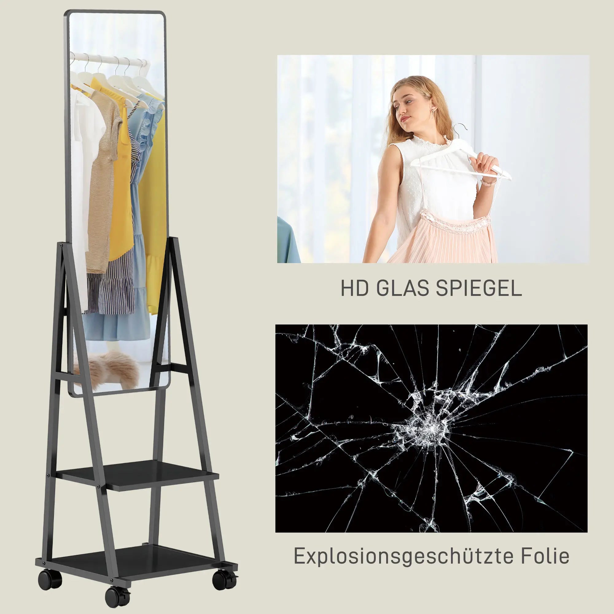 HOMCOM Specchio a figura intera con ripiano e rotelle