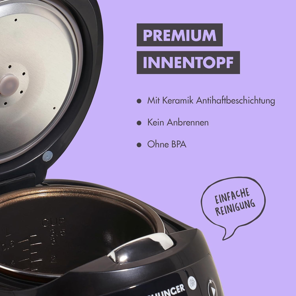 REISHUNGER Cuociriso digitale piccolo, nero | Da 0,6 L fino a 3 persone | Funzione mantenimento calore, timer e pentola premium | Multicooker e vaporiera piccoli, 8 programmi, tecnologia a 7 fasi