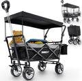 ONBEST Carretto Pieghevole - Con Parapioggia - Carrello Pieghevole con Tetto 100 kg di Carico - Tetto Parasole - Borsa Termica - Portabicchieri - Outdoor - Carrello da Spiaggia Pieghevole (Nero)