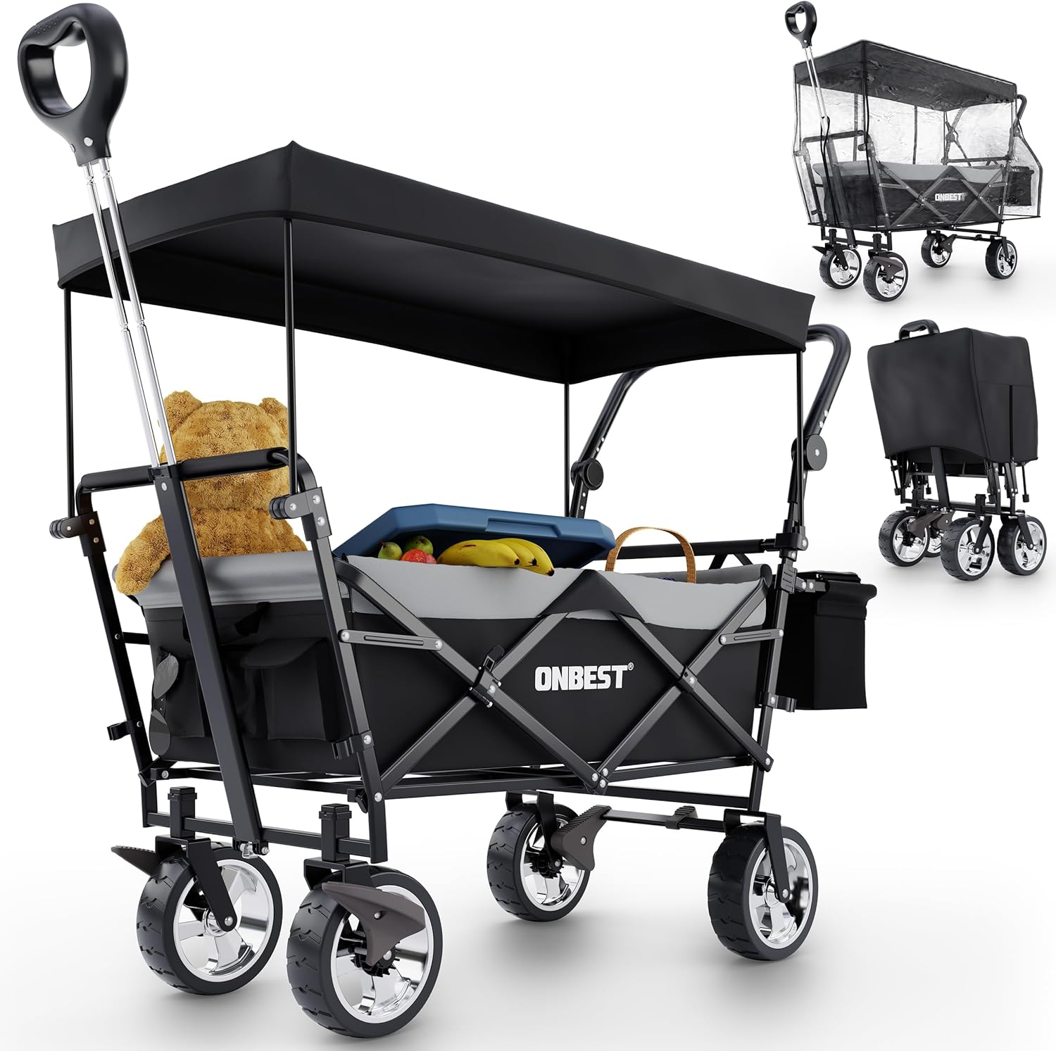 ONBEST Carretto Pieghevole - Con Parapioggia - Carrello Pieghevole con Tetto 100 kg di Carico - Tetto Parasole - Borsa Termica - Portabicchieri - Outdoor - Carrello da Spiaggia Pieghevole (Nero)