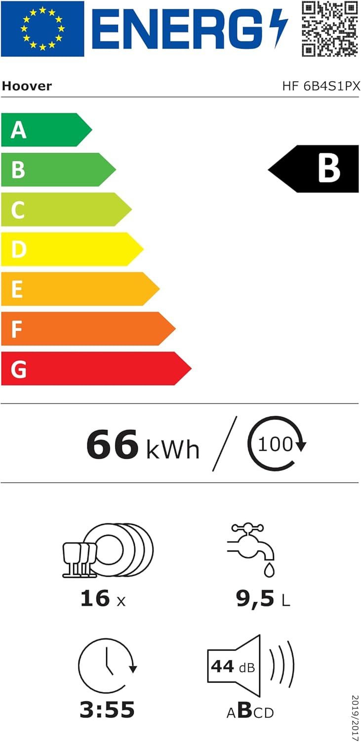 Lavastoviglie Hoover HF 4C6F0PW; 14 coperti; Libera installazione, 60 cm di larghezza; Classe di efficienza energetica C; Controllo intelligente con tecnologia WiFi + Bluetooth
