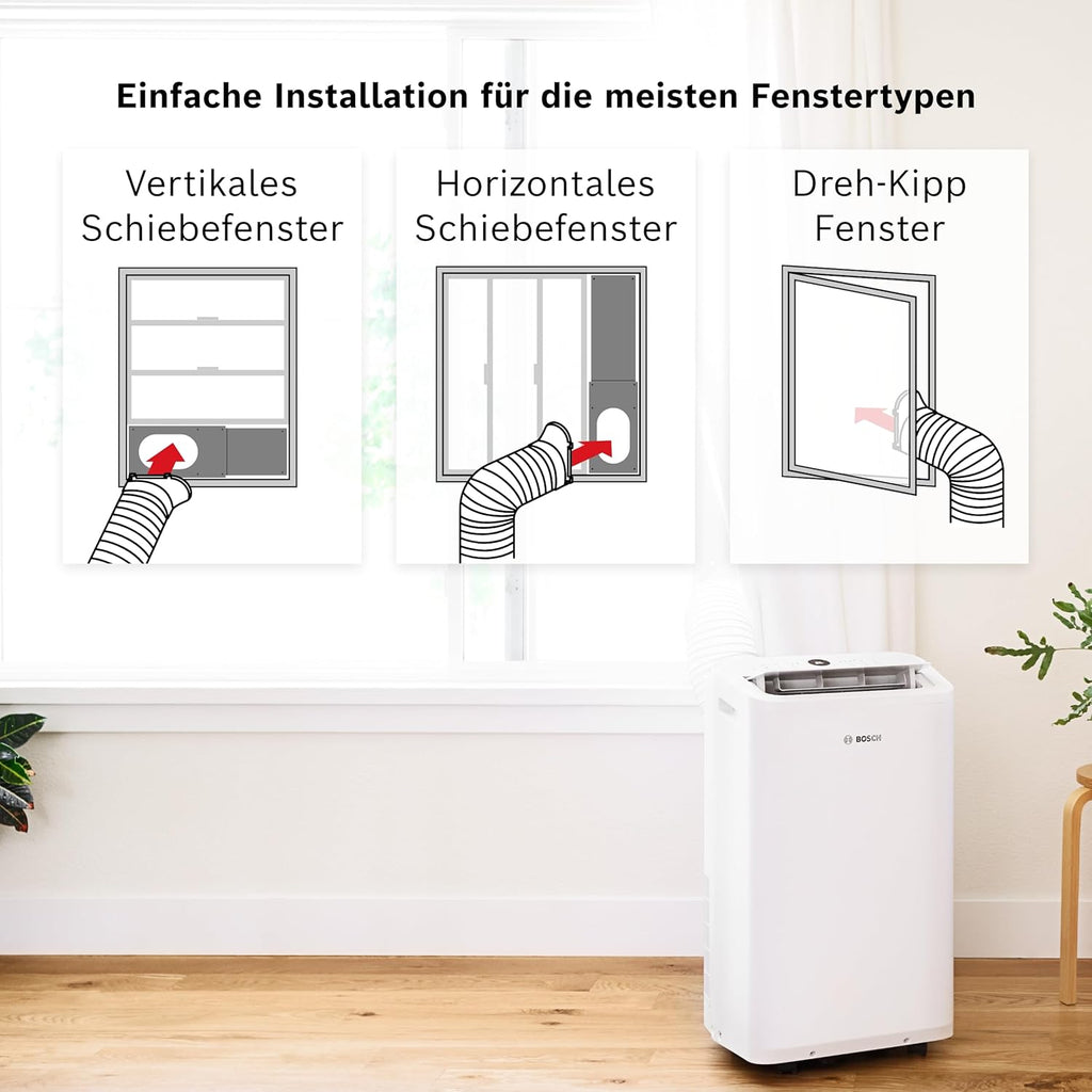 Bosch Cool 4000 Climatizzatore Mobile - 3-in-1: Climatizzatore, Deumidificatore, Ventilatore - 2,6 kW per ambienti fino a 35m² - Con modalità automatica, silenziosa e notturna
