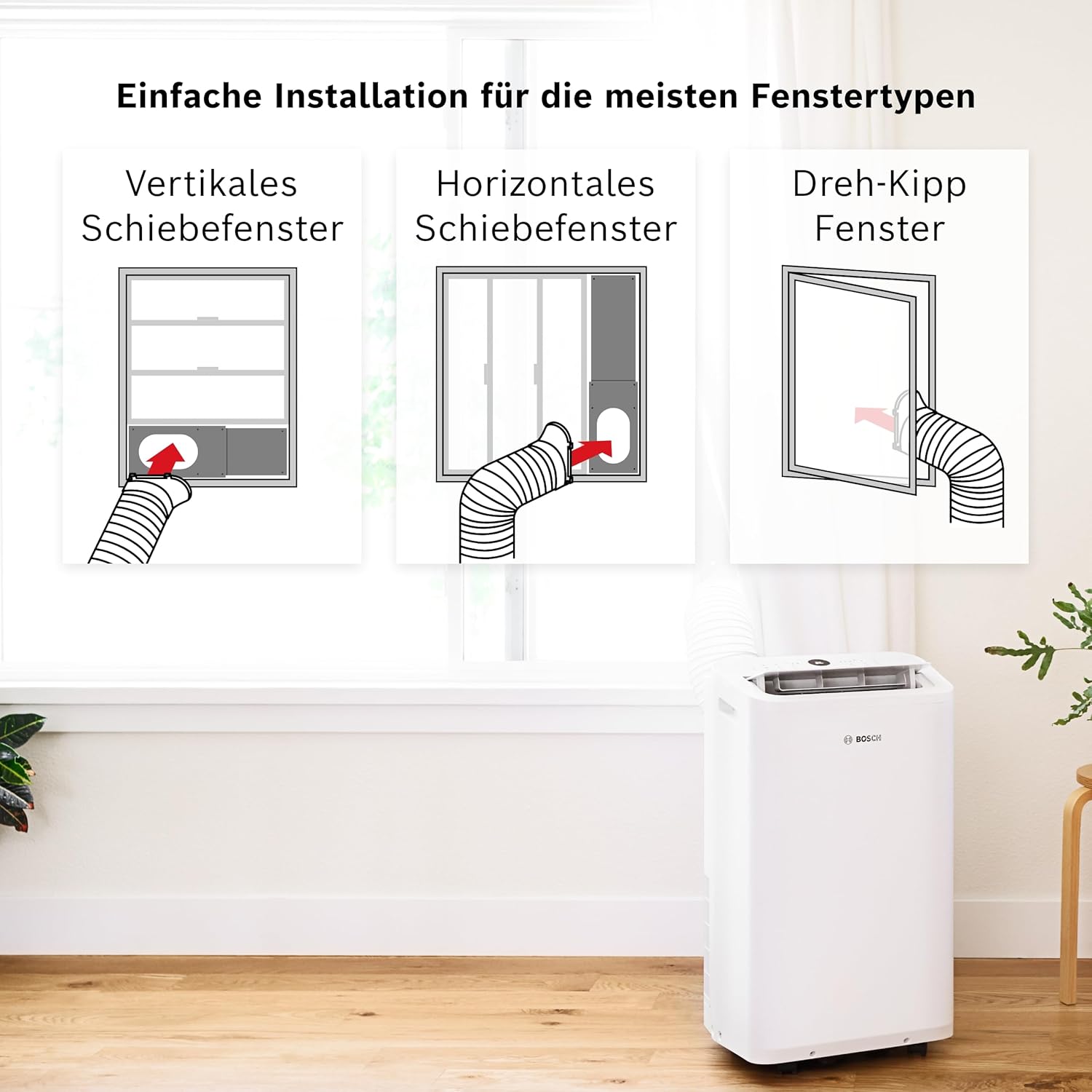 Bosch Cool 4000 Climatizzatore Mobile - 3-in-1: Climatizzatore, Deumidificatore, Ventilatore - 2,6 kW per ambienti fino a 35m² - Con modalità automatica, silenziosa e notturna