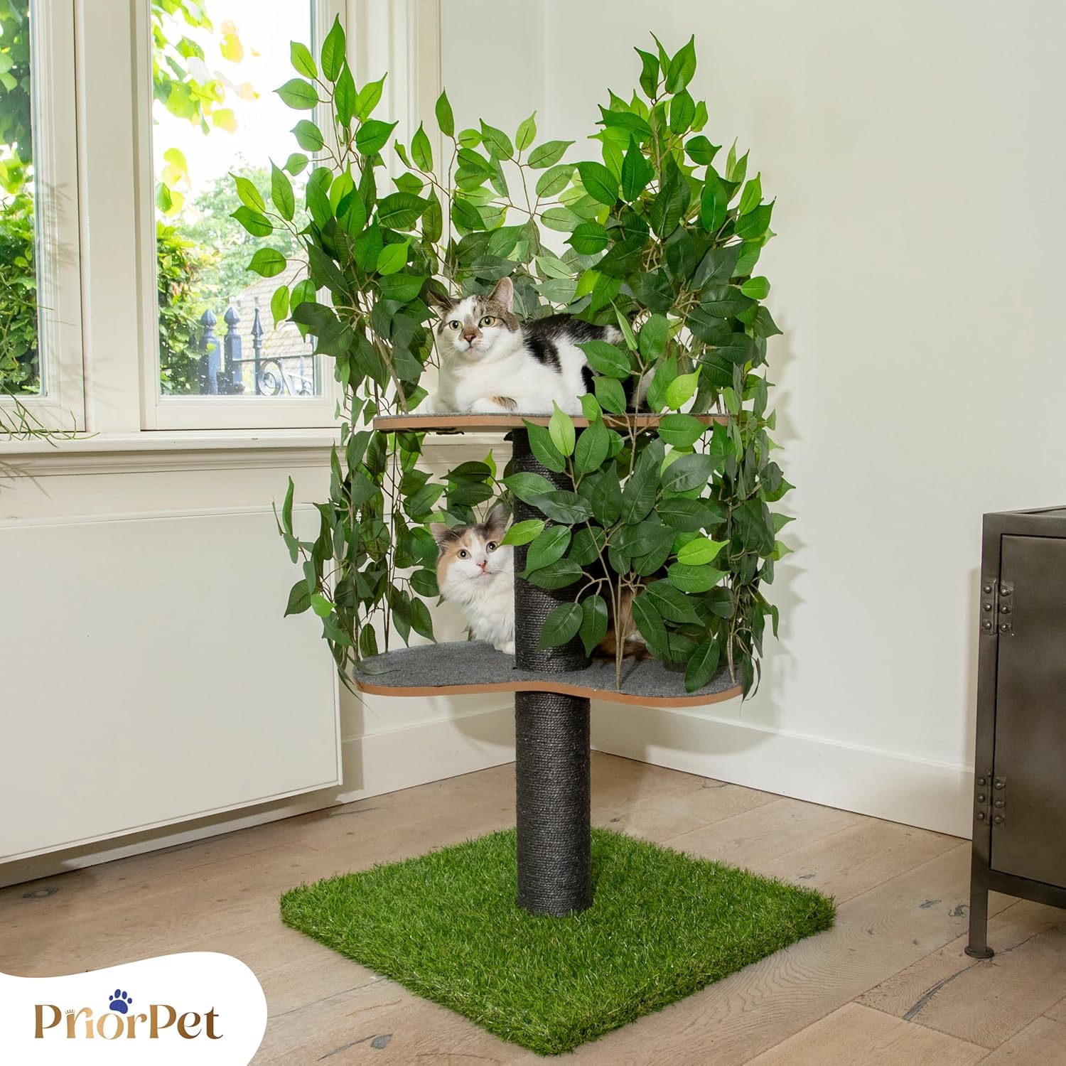 Tiragraffi albero naturale per arrampicarsi, nascondersi e dormire - grande con foglie intercambiabili - a più livelli, facile da montare - materiali sicuri per animali domestici, durevole e robusto albero per gatti brevettato