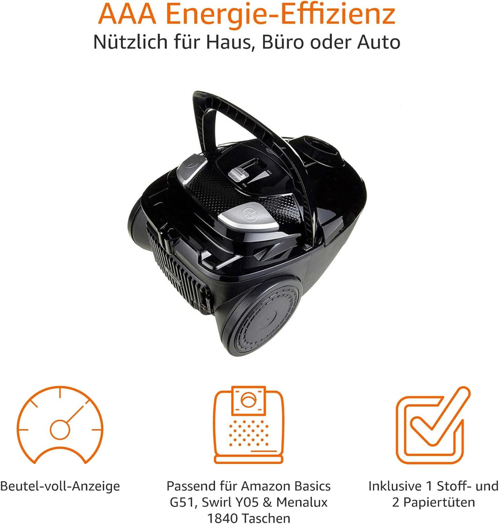 Amazon Basics - Aspirapolvere con sacchetto, potente, compatto e leggero, per pavimenti duri e tappeti, filtro HEPA, 700 W, 1,5 l, UE, nero