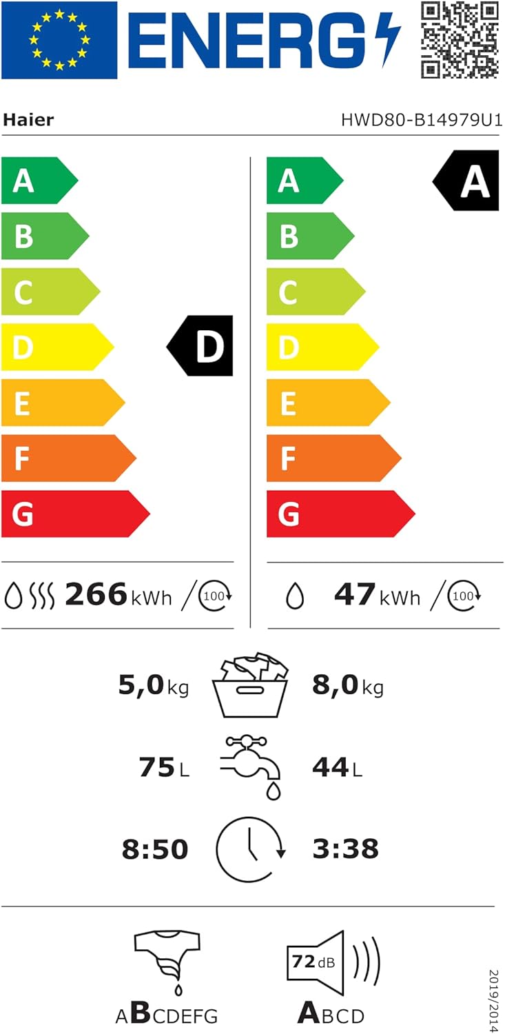 Lavasciuga Haier I-PRO SERIE 7 HWD80-B14979 / 8 kg Lavaggio / 5 kg Asciugatura / Motore Direct Motion - estremamente silenzioso / Cesto XL / Programma vapore I-Refresh / Protezione completa dall'acqua