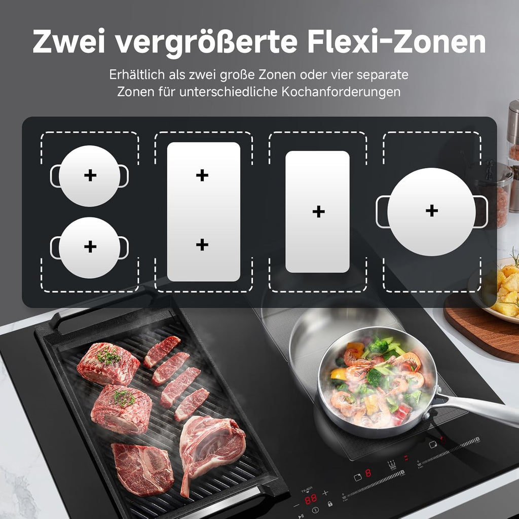 AMZCHEF Piano cottura a induzione 60cm con due zone flessibili, 4 zone, funzionamento silenzioso, 9 livelli di potenza e Booster - funzione BBQ, funzione pausa e mantenimento in caldo, 7400W