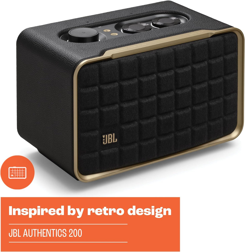 JBL Authentics 200 Smart Home Altoparlante – Cassa Bluetooth dal design retrò anni '70 – Con griglia Quadrex, Google Assistant, Alexa, AirPlay e JBL One App – Nero