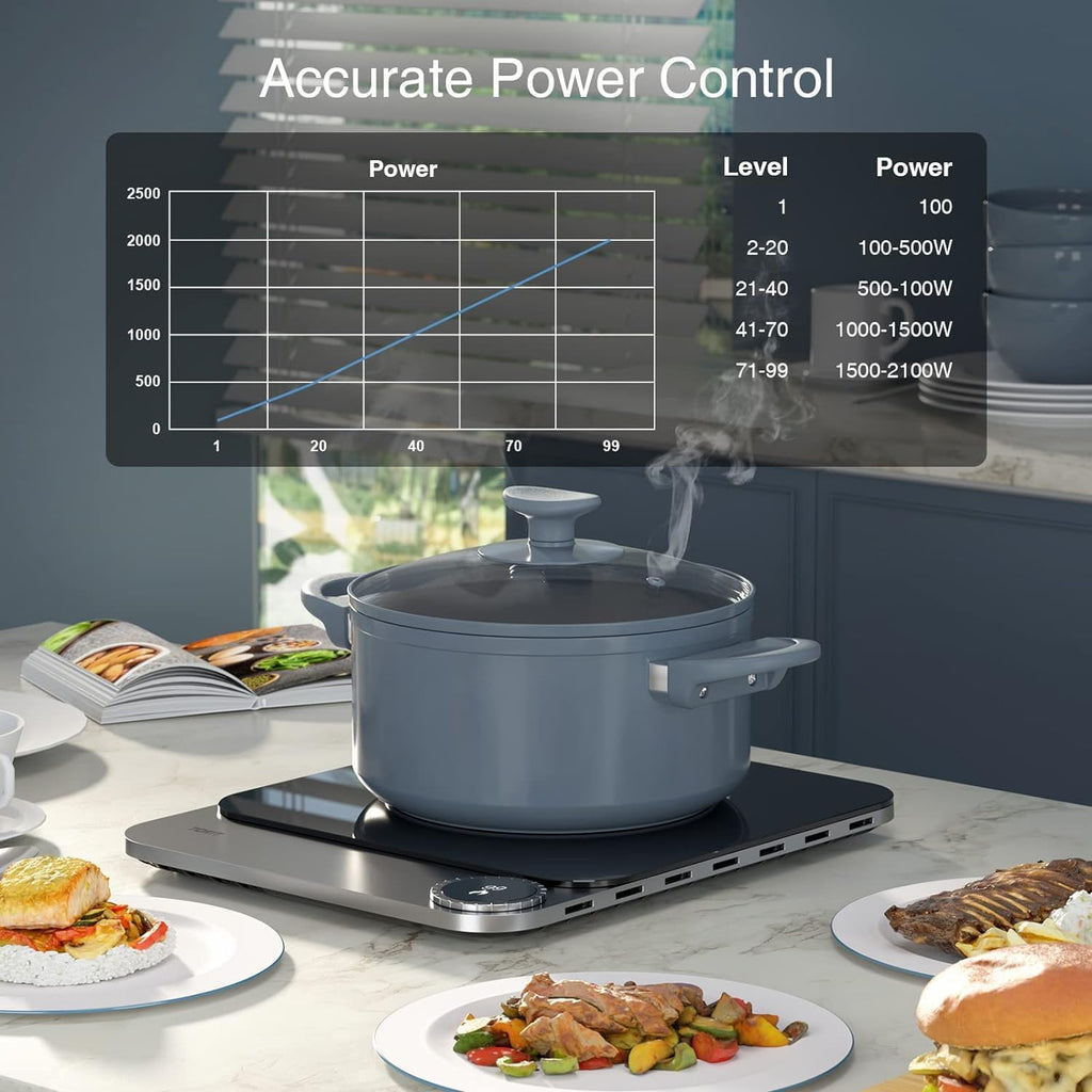 TOKIT Piastra a induzione 2100W Singola, Portatile, 99 Livelli di Potenza, Display OLED, Timer, Ultrasottile 20mm, Controllo APP, Sensore di Temperatura, in Vetro