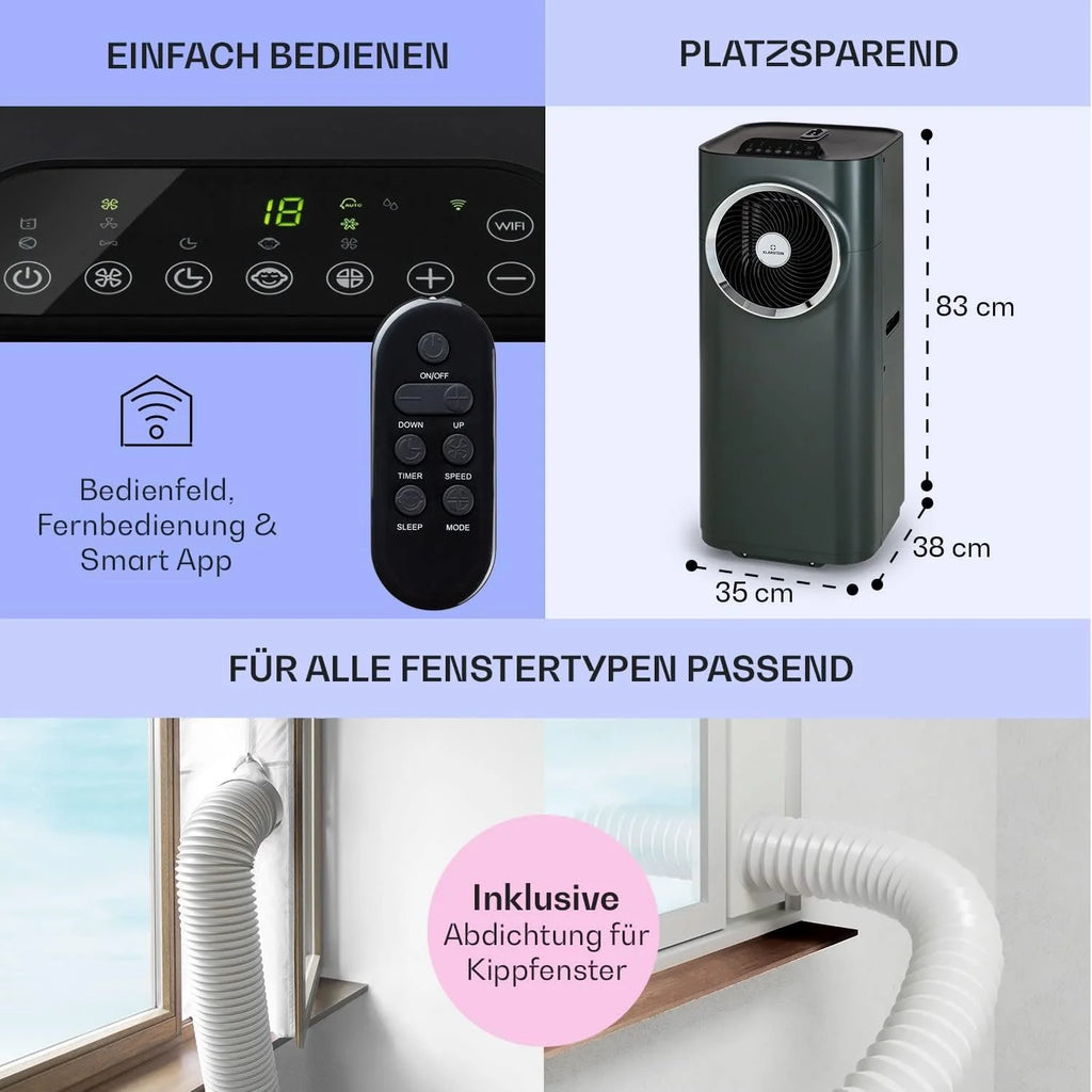 Klarstein Condizionatore Portatile 5-in-1 con Tubo di Scarico, Ventilatore, Deumidificatore, Purificatore d'Aria e Modalità Notturna, Controllo tramite App, Piccolo e Portatile, per Casa e Ufficio, 12000 BTU
