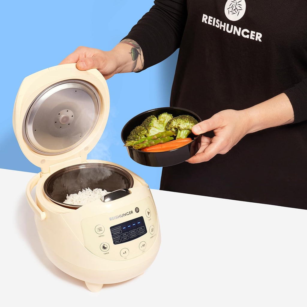 REISHUNGER Cuociriso digitale piccolo, nero | Da 0,6 L fino a 3 persone | Funzione mantenimento calore, timer e pentola premium | Multicooker e vaporiera piccoli, 8 programmi, tecnologia a 7 fasi
