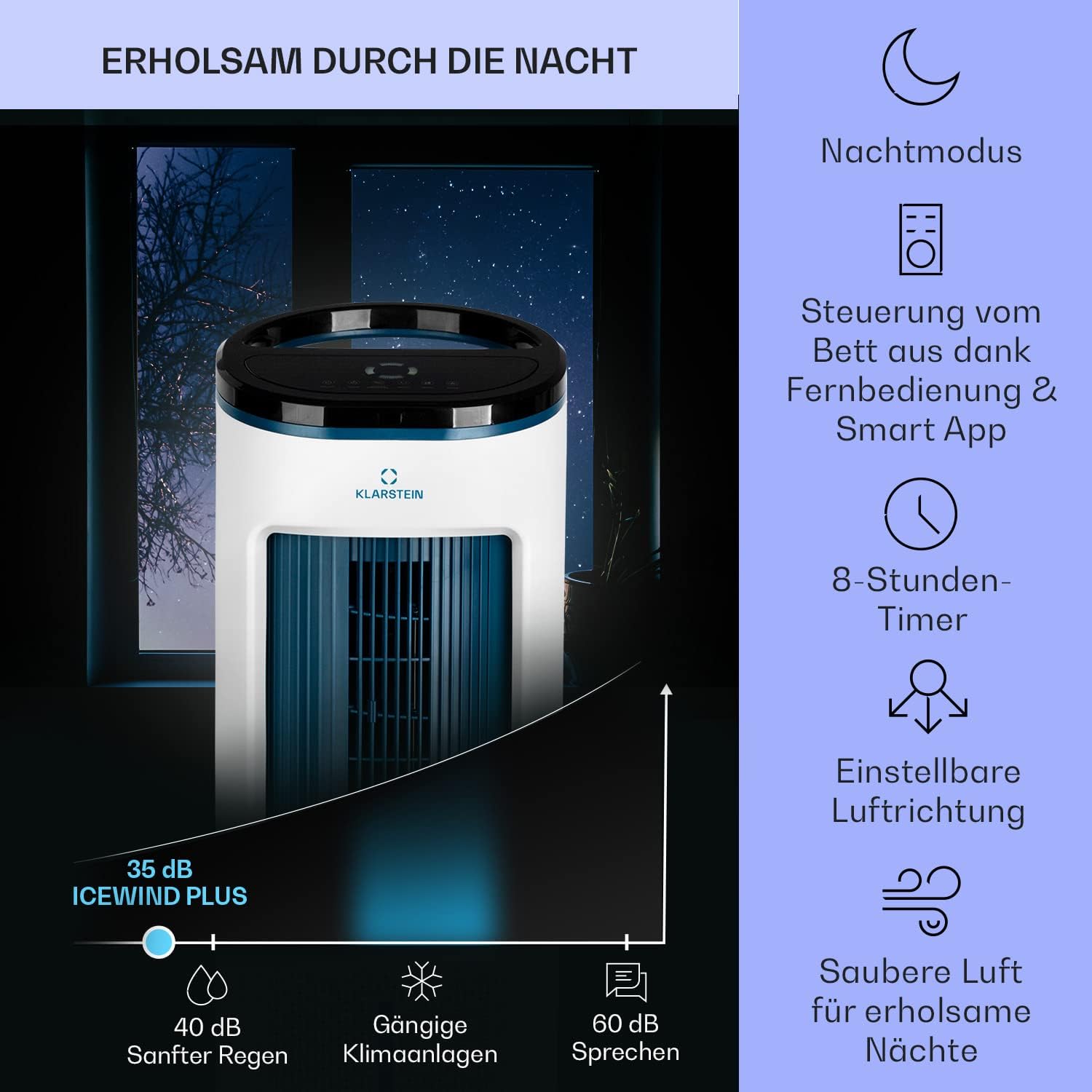 Klarstein Raffreddatore d'aria con Raffreddamento ad acqua, Raffrescatore Evaporativo Silenzioso 4-in-1, Umidificatore, Ventilatore e Modalità Notte, Raffrescatore Evaporativo Portatile 7L, 65W Air Cooler, Flusso d'aria di 330m³/h