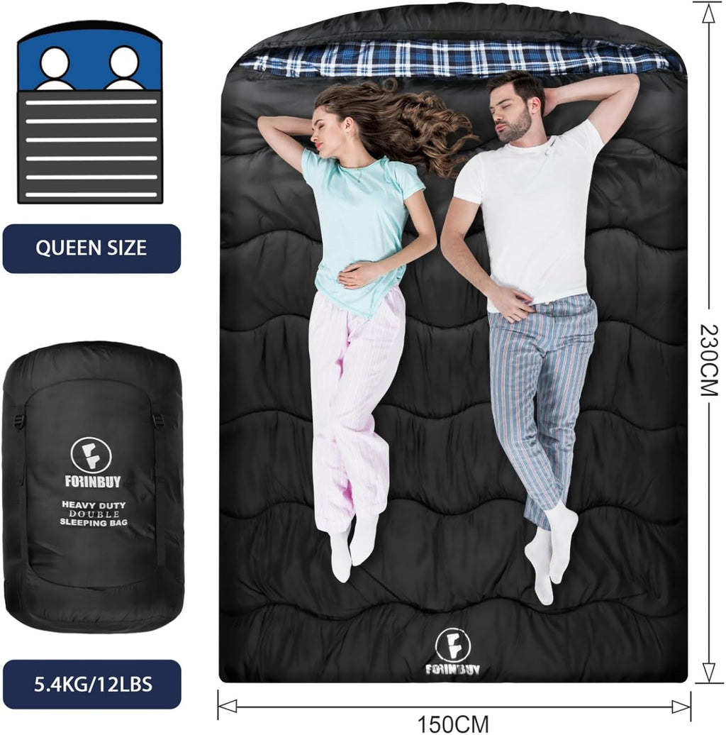 FORINBUY Sacco a pelo doppio in flanella invernale per adulti – Sacco a pelo da esterno caldo, impermeabile, per 2 persone, formato Queen Size – Ideale per famiglie, campeggio e viaggi in camper