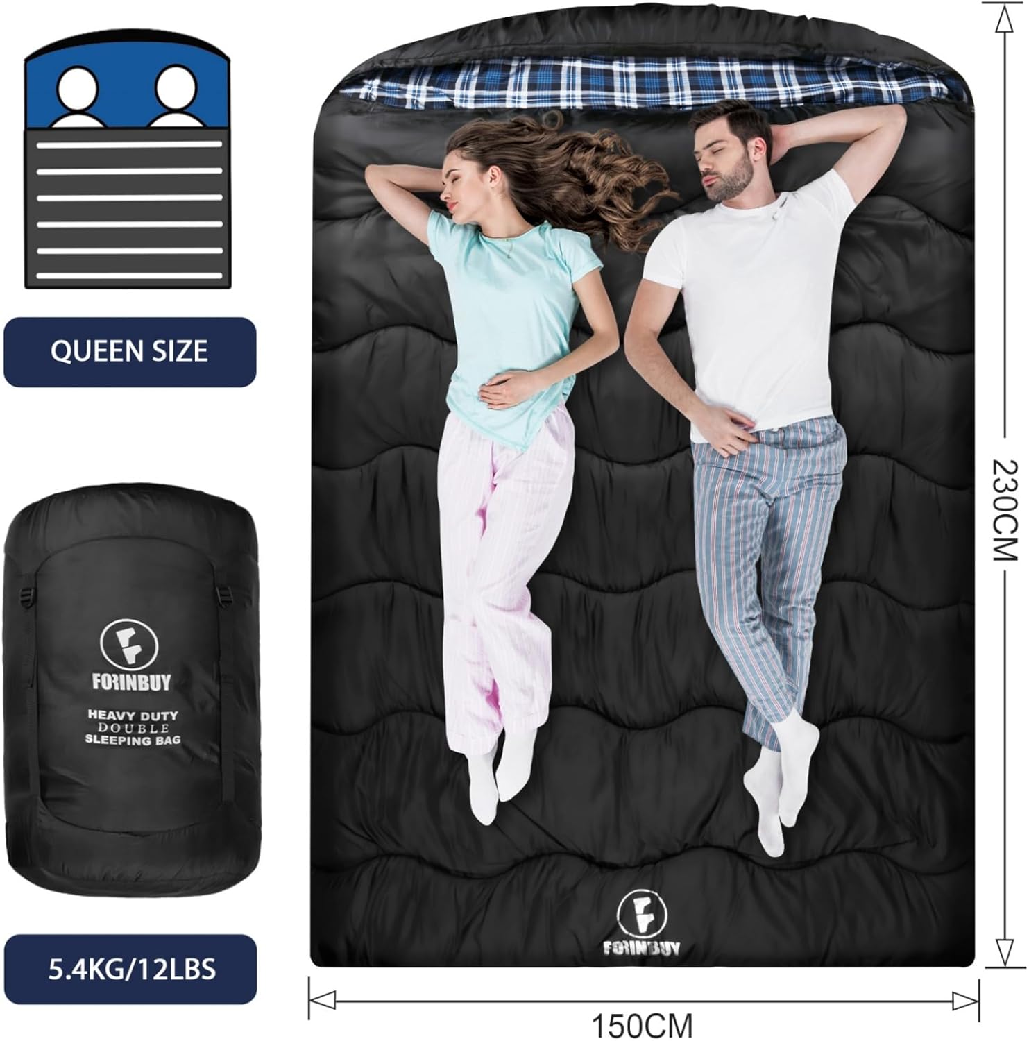 FORINBUY Sacco a pelo doppio in flanella invernale per adulti – Sacco a pelo da esterno caldo, impermeabile, per 2 persone, formato Queen Size – Ideale per famiglie, campeggio e viaggi in camper