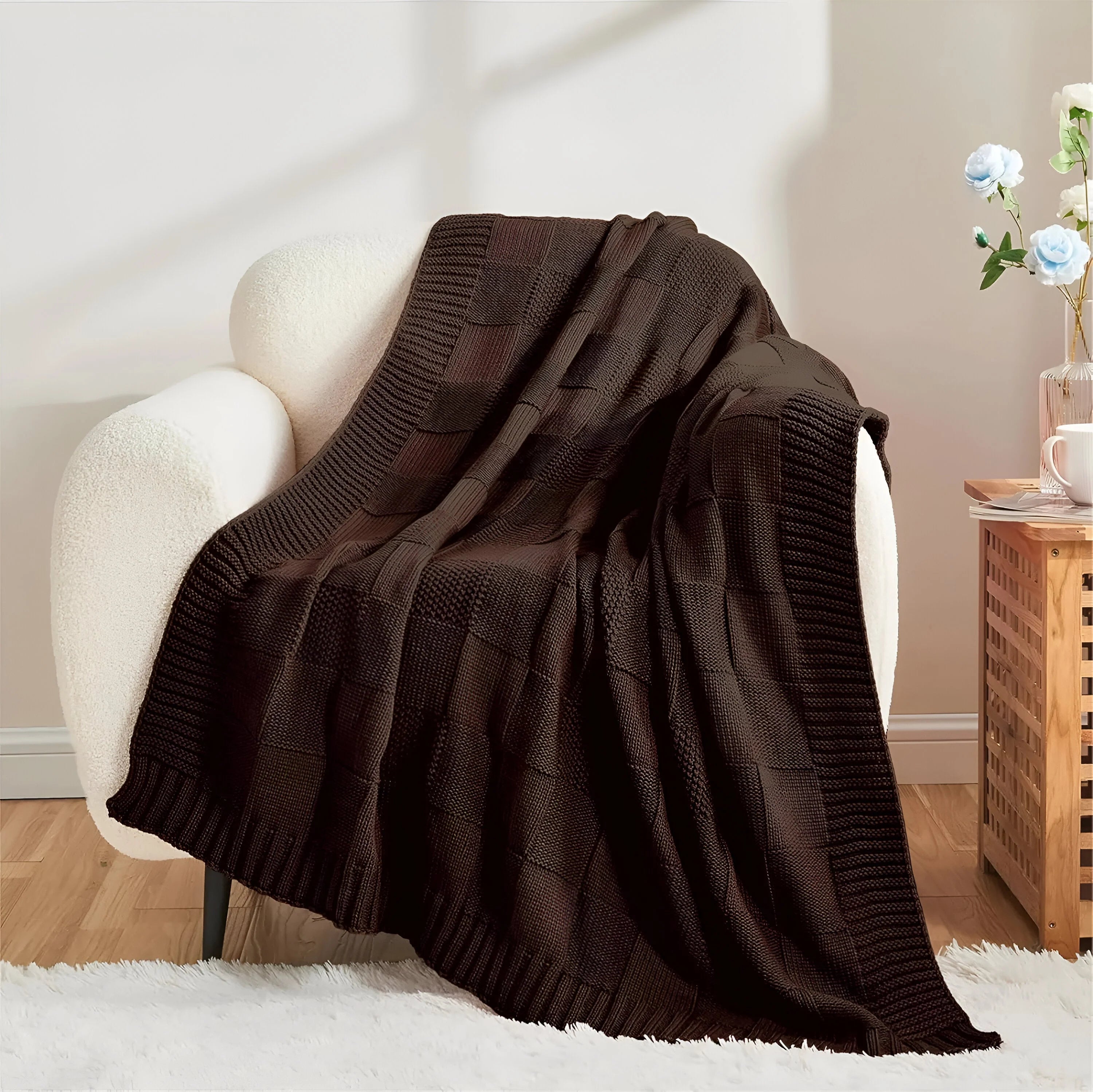 MonoKnit Coperta lavorata a maglia – Coperta in pile acrilico a righe di alta qualità, in bianco e nero, per letto e divano
