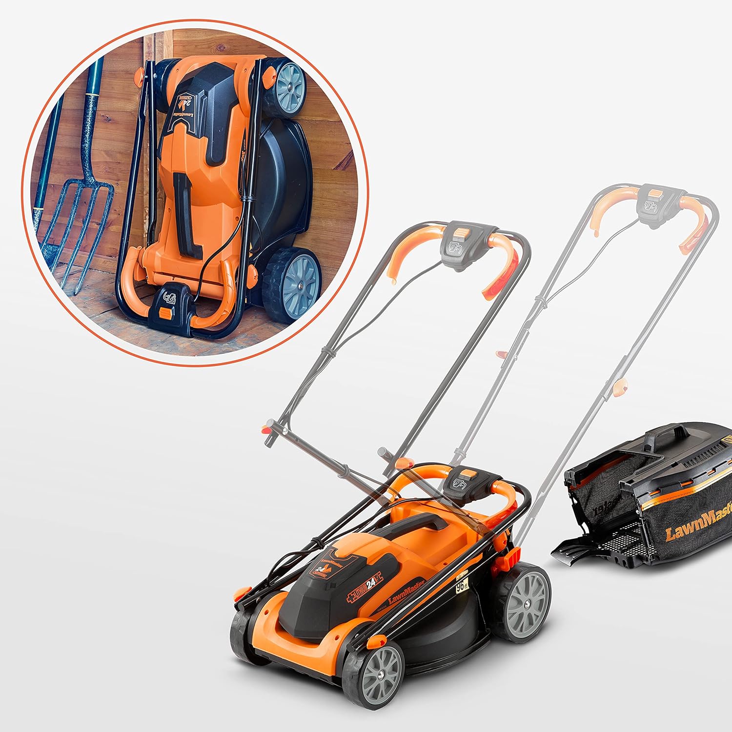 Tagliaerba a batteria LawnMaster CLMF2434G 24V max 2x4.0Ah, 34cm, 300m² pacciamatura 32L, regolazione altezza di taglio a 6 livelli 20-70mm