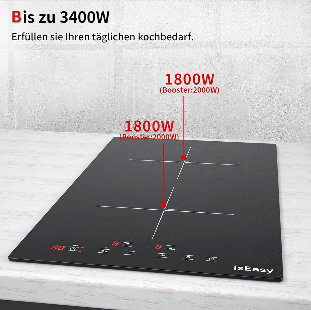 IsEasy 4 Zonen Einbau Induktionskochfeld mit 9 Leistungsstufen &1-99Min Timer, Boost-Funktion, Induktionskochplatte, Induktion Herdplatte mit 4 Platten, 60cm, 6800W, Schwarz