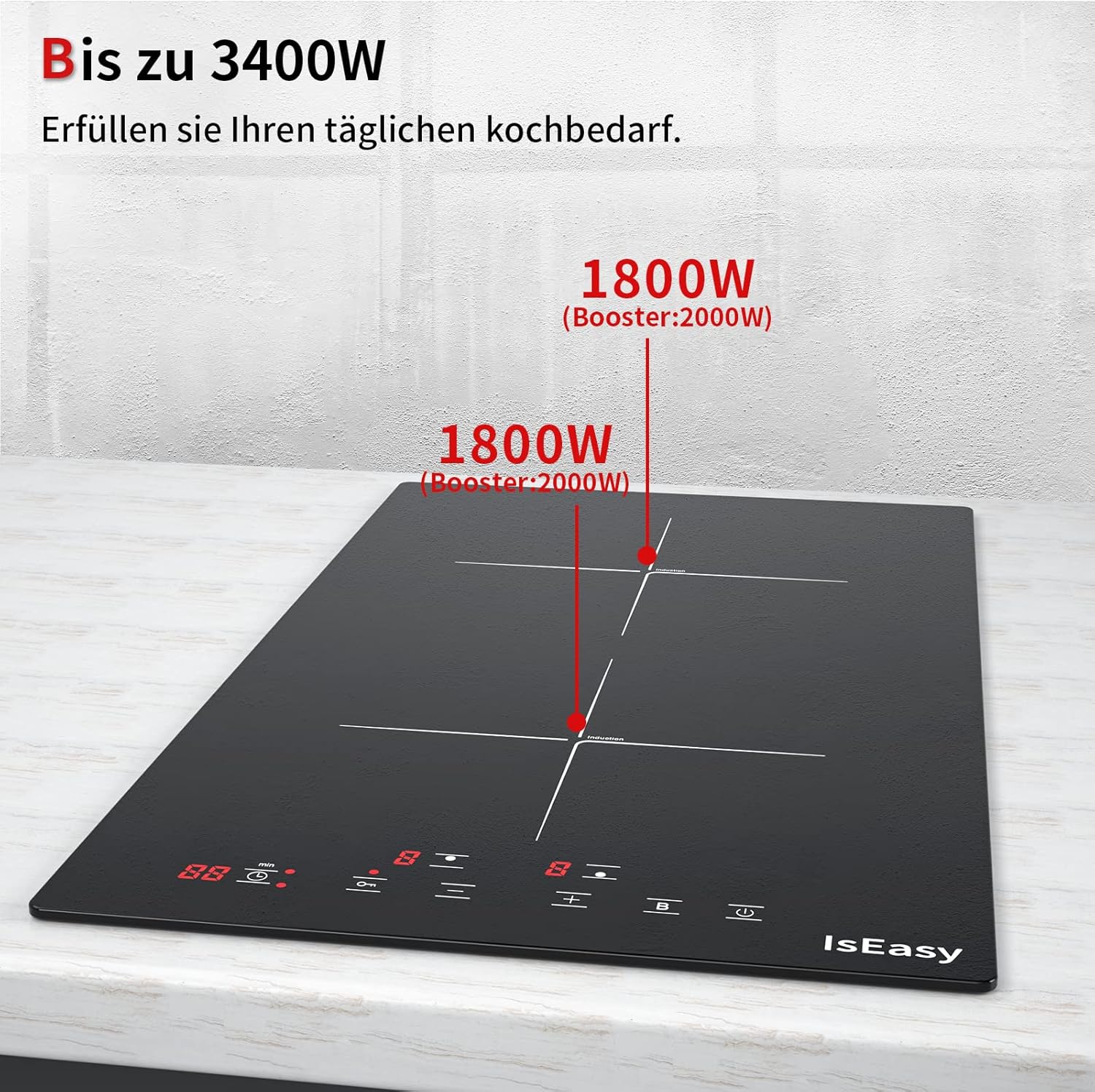 IsEasy 4 Zonen Einbau Induktionskochfeld mit 9 Leistungsstufen &1-99Min Timer, Boost-Funktion, Induktionskochplatte, Induktion Herdplatte mit 4 Platten, 60cm, 6800W, Schwarz
