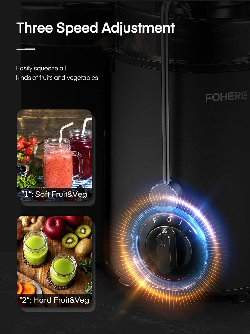 FOHERE Centrifuga per Frutta e Verdura in Acciaio Inox, 400W con Imboccatura Larga da 65 MM e 3 Velocità, Funzione Anti-Goccia e Protezione da Surriscaldamento con Spazzola per la Pulizia, Argento