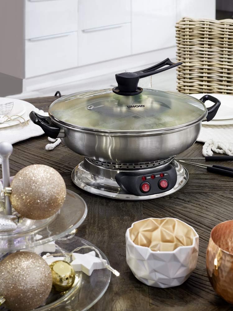 UNOLD 48746 Asia-Fondue - 1.950 W, per 6 persone con 6 forchette e cestelli, con piastra grill rimovibile, coperchio in vetro, pentola per fonduta in acciaio inossidabile, funzione fonduta e grill