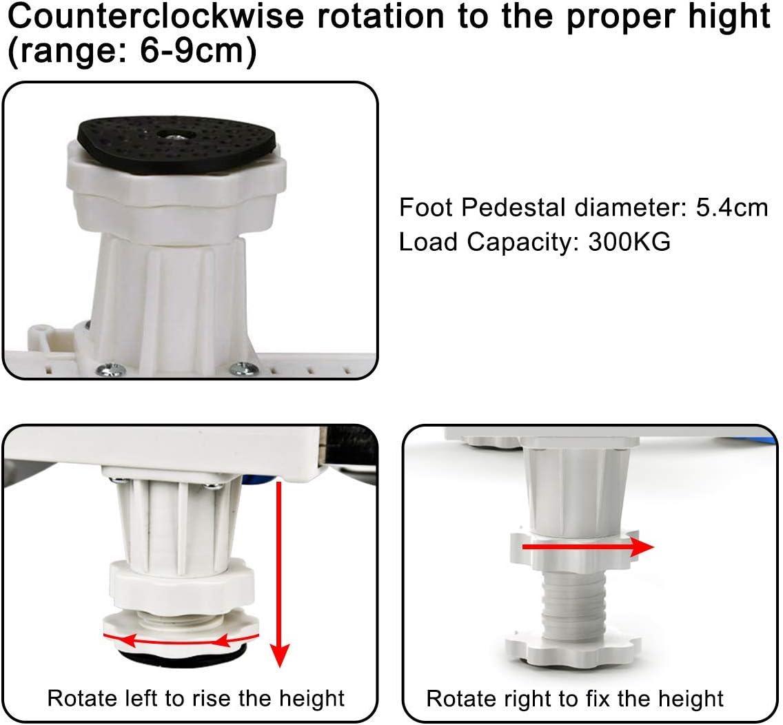DEWEL Base Regolabile per Lavatrice, Carico Massimo 300KG, Supporto Piedistallo per Asciugatrice, Frigorifero, Congelatore, Larghezza 45-65cm, Altezza 18–22cm, Bianco