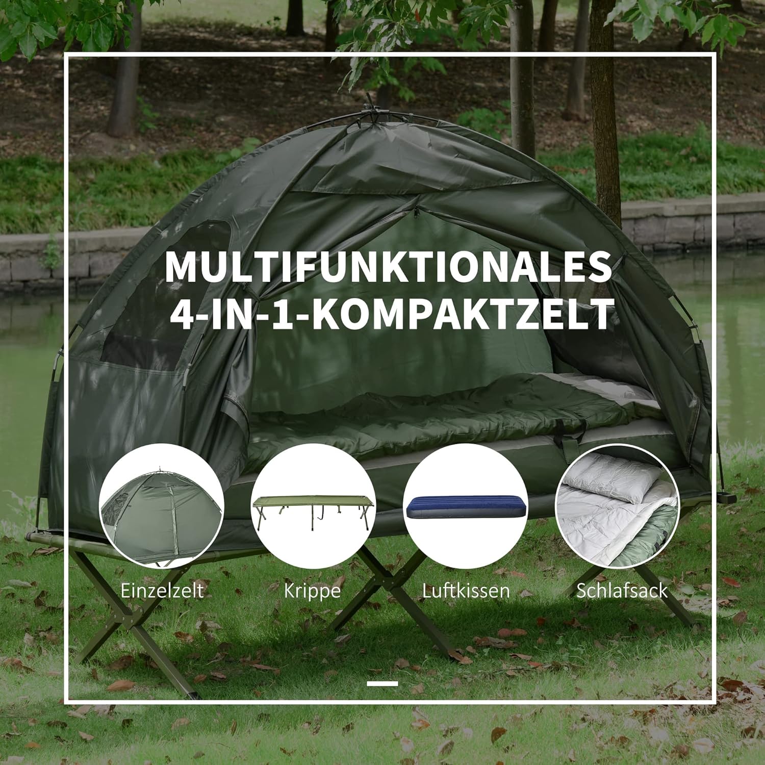 Outsunny Lettino da campeggio 4 in 1 Set da campeggio con tenda Sacco a pelo Materasso pieghevole, Verde scuro