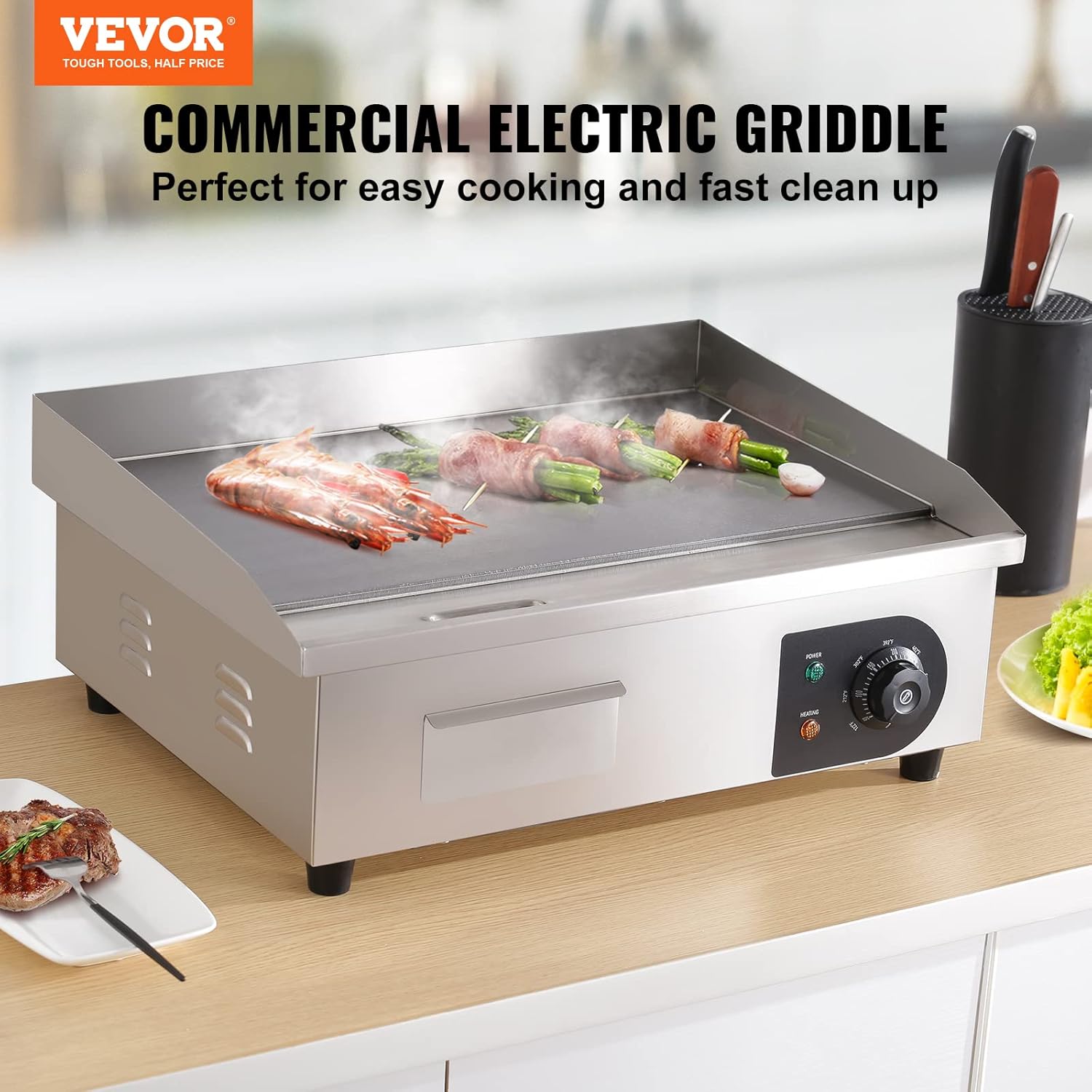 VEVOR Barbecue Elettrico 54 x 30 cm, Piastra Elettrica 3000W, Piastra di Cottura Commerciale in Ferro, Temperatura Regolabile 50 – 300 °C, Facile da Pulire per Barbecue