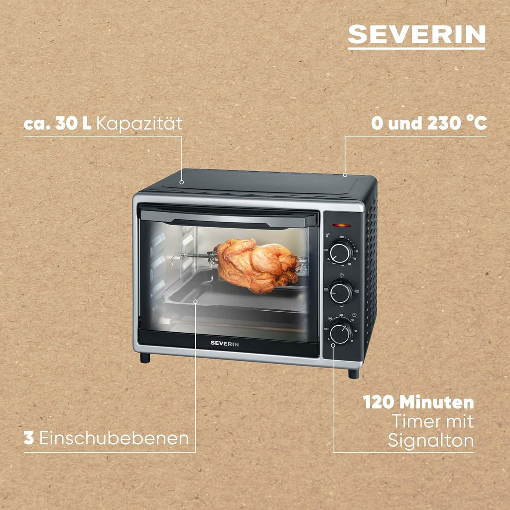 SEVERIN Forno e Tostapane con funzione ventilata, Mini Forno con griglia, teglia da forno, spiedo rotante e pietra per pizza, forno ventilato versatile con capacità di 42 L, 1.800 W, nero, TO 2058