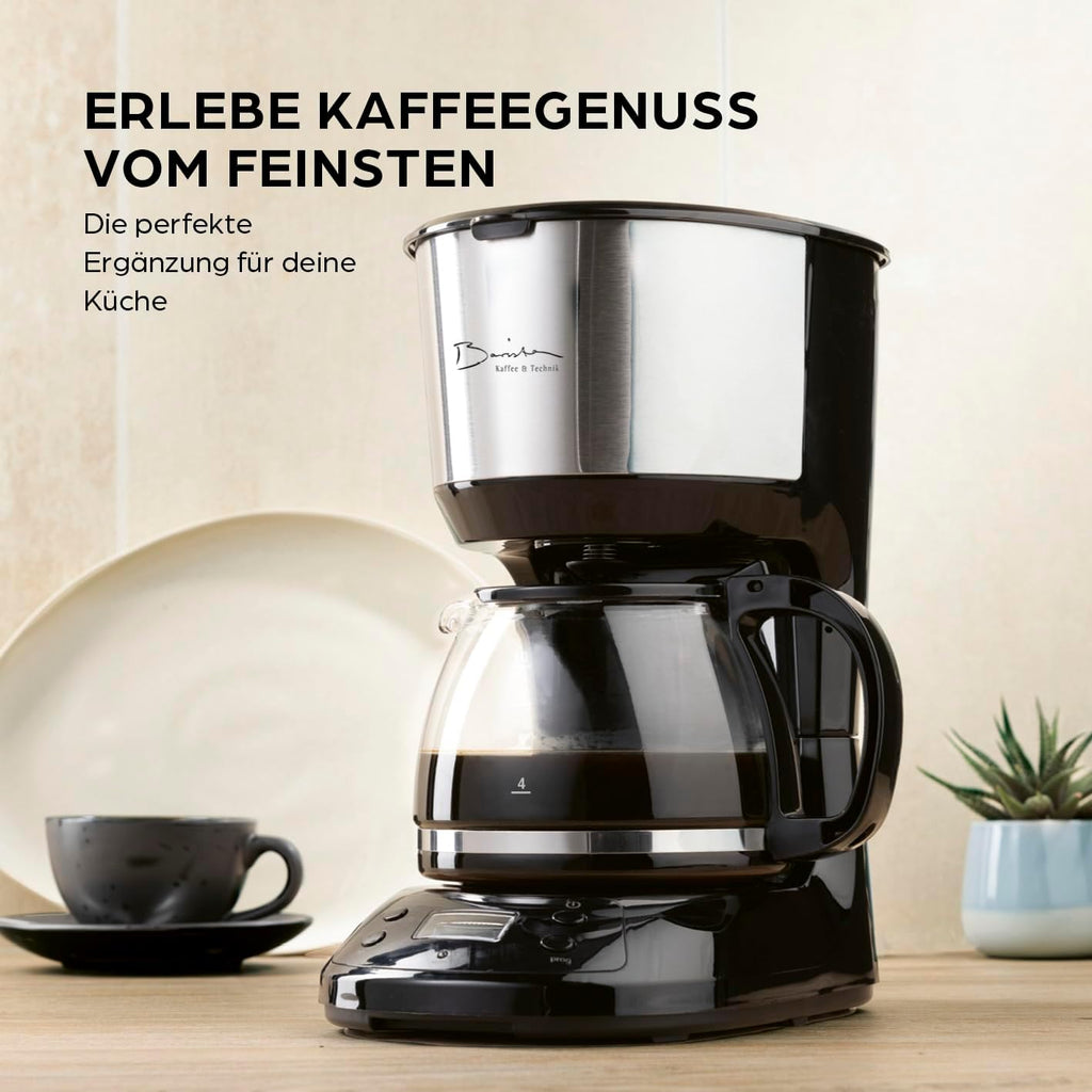 Barista Kaffeemaschine mit Mahlwerk | Filterkaffeemaschine mit Glaskanne | 900W Filtermaschine mit Touchdisplay & Timerfunktion für bis zu 10 Tassen | 1,25 Liter Kaffeekanne | Für Bohnen & Pulver