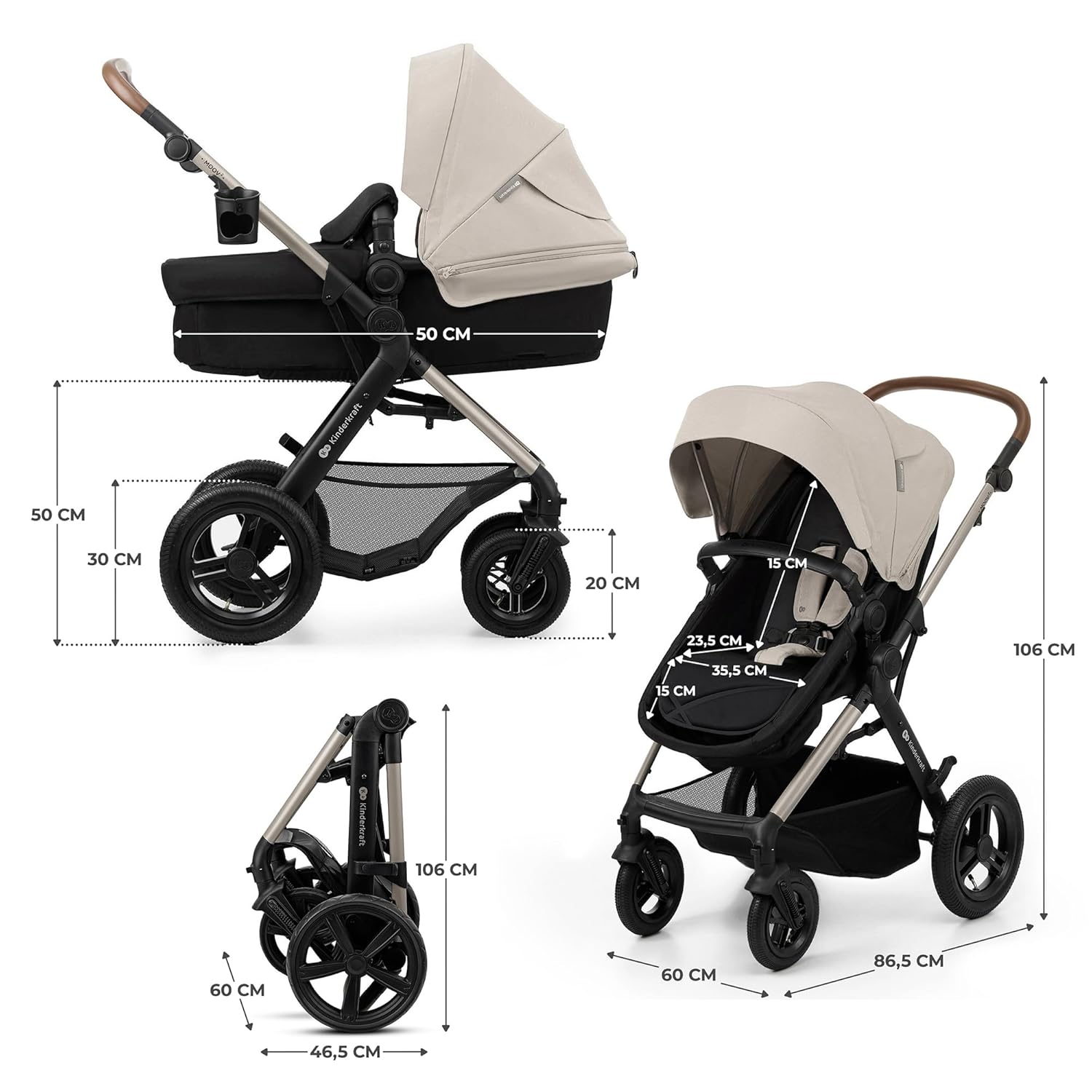 Kinderkraft MOOV2 AIR Passeggino 3 in 1, Set da 26 kg con seggiolino auto I-SIZE 40-75 cm, funzione passeggino, schienale reclinabile, ampia cappottina estensibile, ruote gonfiabili, grigio