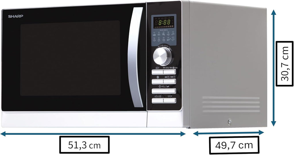 Sharp R843INW Forno a microonde 4 in 1 con aria calda, grill e convezione/ 25 L/ 800 W/ grill a infrarossi 1000 W/ convezione 2500 W/ 10 programmi automatici/ programma pizza/ piatto girevole in metallo (30 cm)/ argento