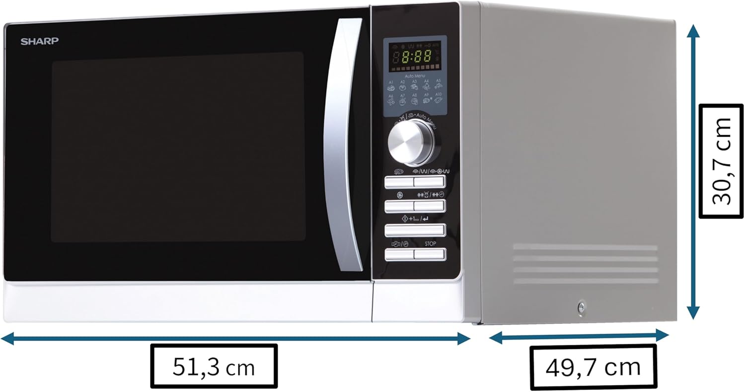 Sharp R843INW Forno a microonde 4 in 1 con aria calda, grill e convezione/ 25 L/ 800 W/ grill a infrarossi 1000 W/ convezione 2500 W/ 10 programmi automatici/ programma pizza/ piatto girevole in metallo (30 cm)/ argento