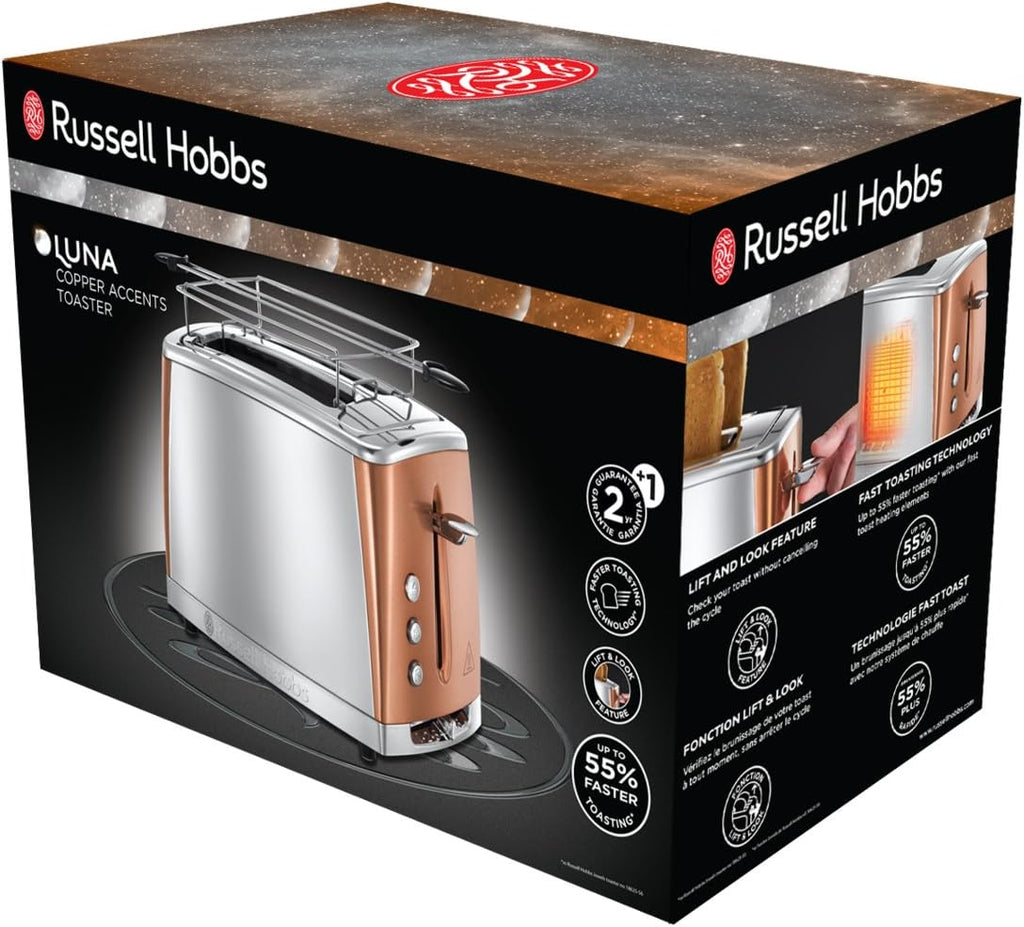Russell Hobbs Tostapane [per 2 fette] Luna Acciaio Inossidabile Rame (fessure extra large, include supporto per panini, 6 livelli di doratura + funzione scongelamento e riscaldamento, 1550W) 24290-56