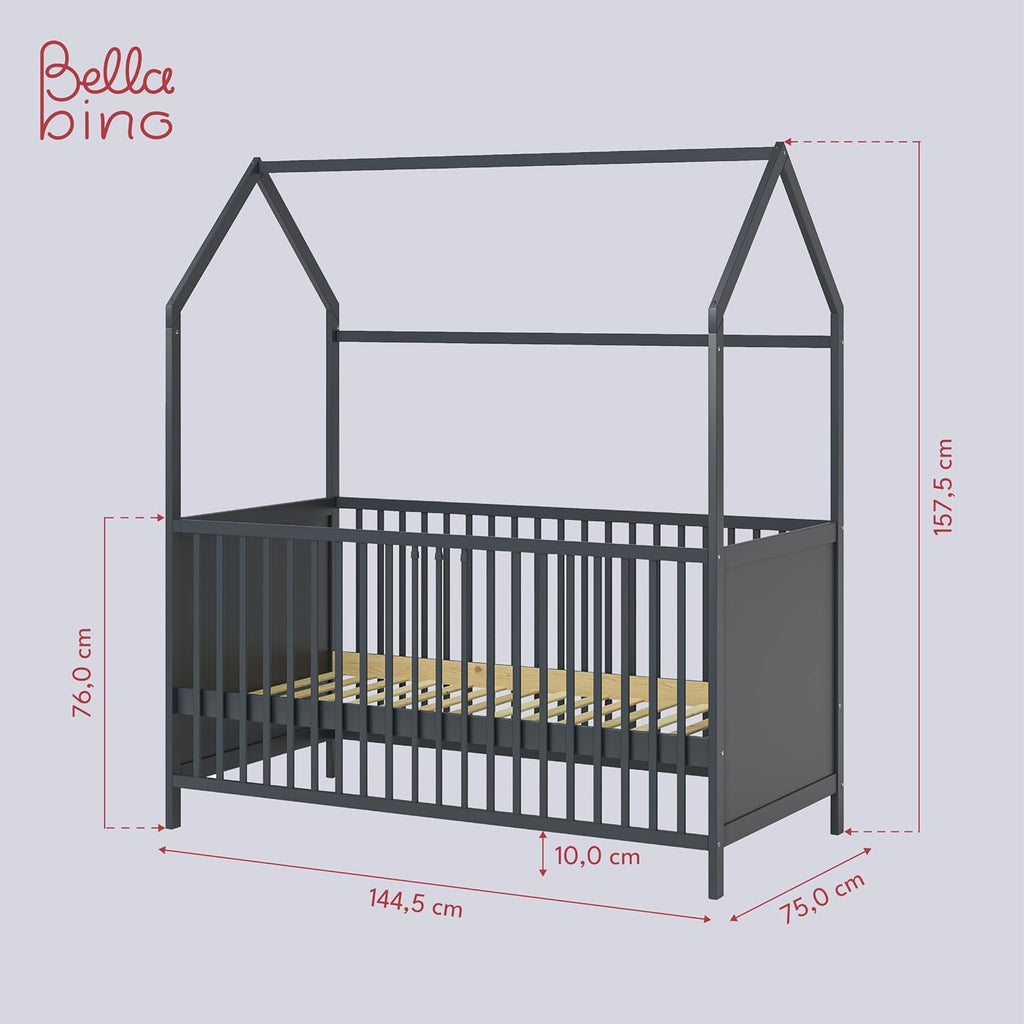 Bellabino Nika Lettino a capanna 70 x 140 cm, letto con sbarre e lettino a capanna per bambini e neonati in pino massiccio bianco, regolabile in altezza su 3 posizioni, incl. rete a doghe
