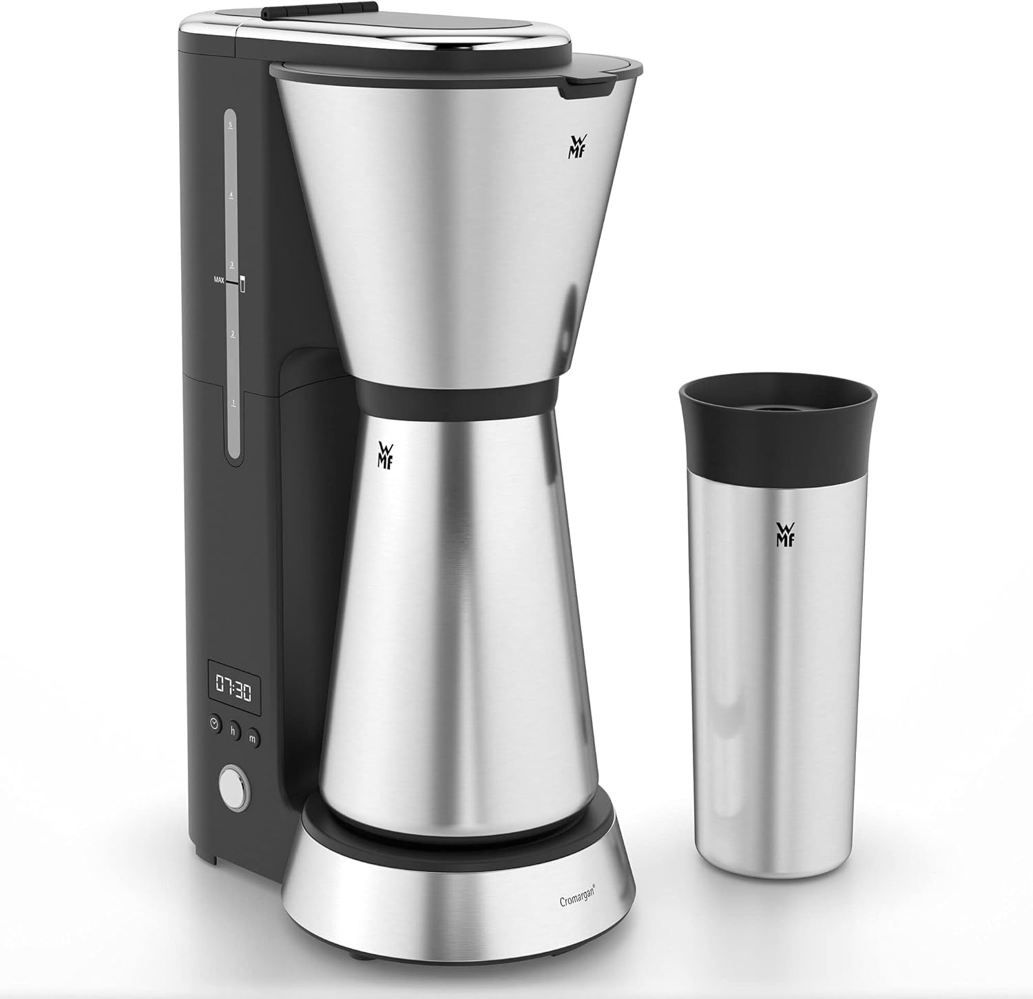 WMF Küchenminis Aroma Filterkaffeemaschine, 870 Watt, cromargan matt & Küchenminis 1-Scheiben Toaster Langschlitz XXl-Toast Brötchenaufsatz 7 Bräunungsstufen Überhitzungsschutz 600W Edelstahl matt