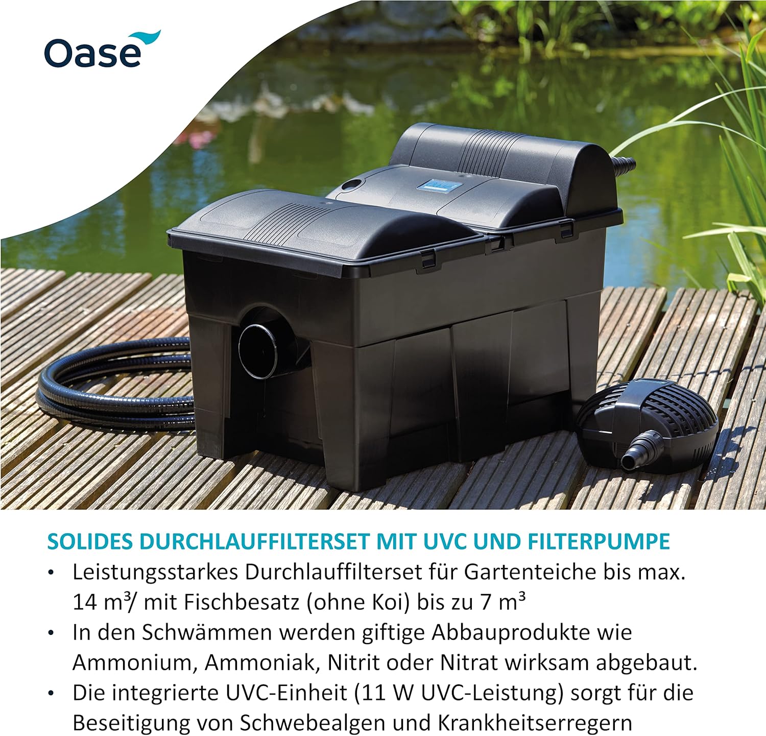 OASE 56789 Filtro a flusso continuo BioSmart Set 36000 adatto per laghetti fino a 36 m³, sistema filtrante, set completo filtro incl. materiale filtrante, pompa per laghetto e chiarificatore UVC