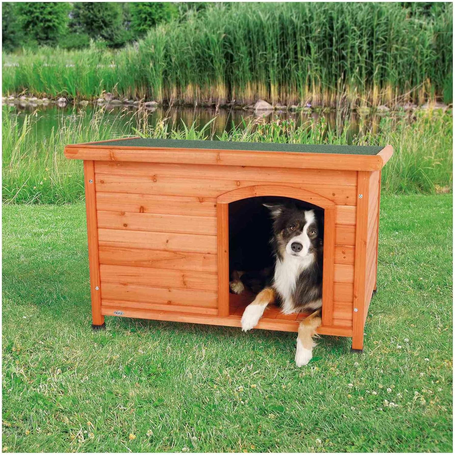 TRIXIE Cuccia per cani natura Classic tetto piatto, resistente alle intemperie e apribile, S–M: 85 × 58 × 60 cm, marrone - 39551