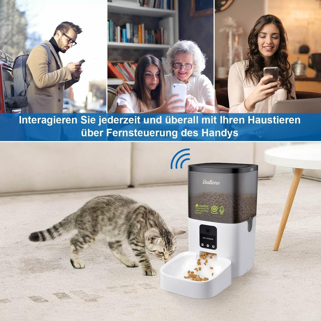 Balimo Futterautomat Katze mit HD 1080P Video, 2,4 G WLAN Katzenfutter Automat mit APP Steuerung und Nachtsicht, 4L futterspender Katze, Katzen Futterautomaten mit Edelstahlnapf, 8 Mahlzeiten pro Tag