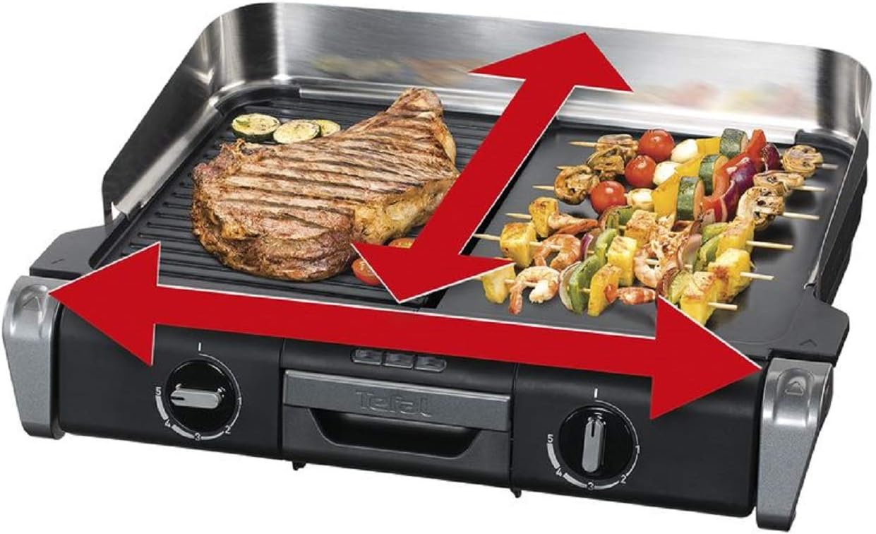 Tefal Maxi Plancha Elektro-Tischgrill CB690D, Extra groß, Antihaft Teppanyaki Platte, Leichte Reinigung, Innen und außen nutzbar, Inkl. abnehmbarem Windschutz + Spatel, 2300W, Schwarz/Silber