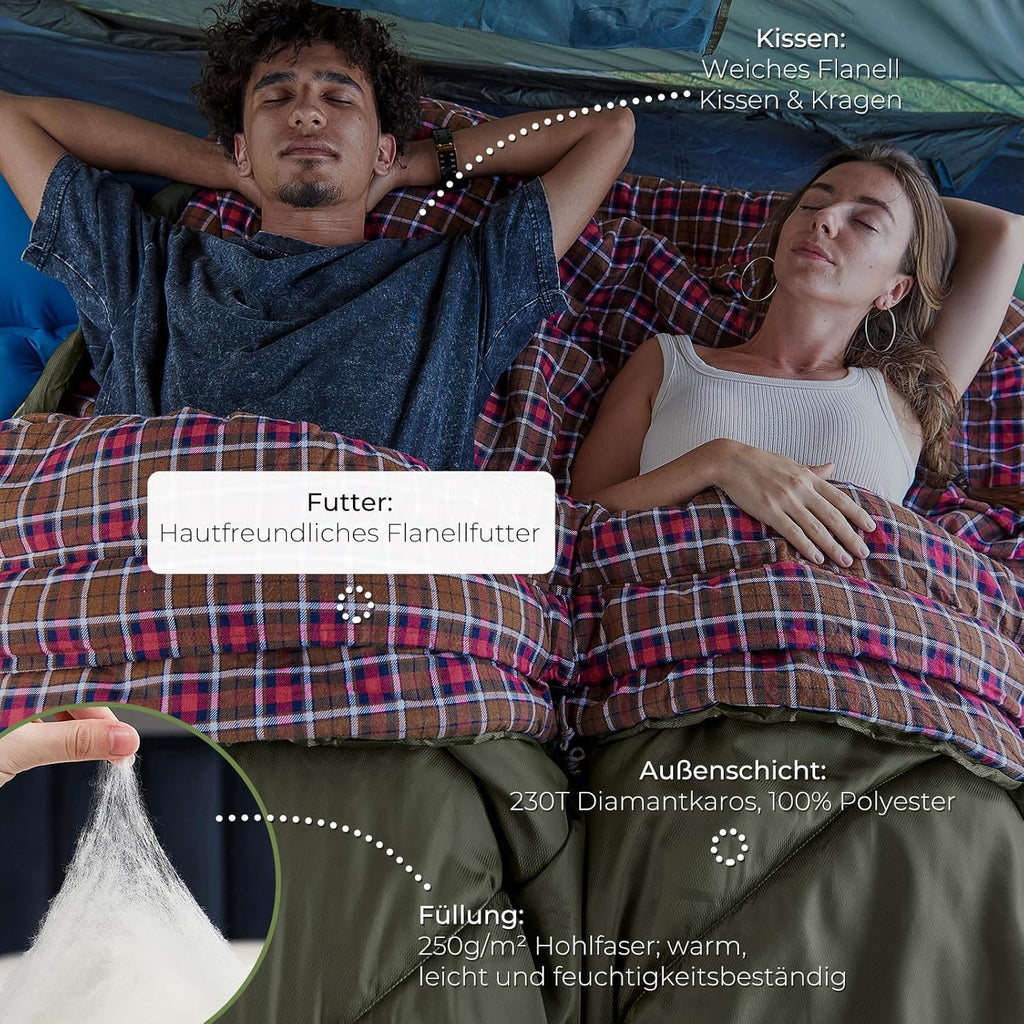 KingCamp Doppelschlafsack Flanell, Schlafsack 2 Personen, Schlafsack 3-4 Jahreszeiten, wasserfest, warm und komfortabel, verpackbar Schlafsack Outdoor