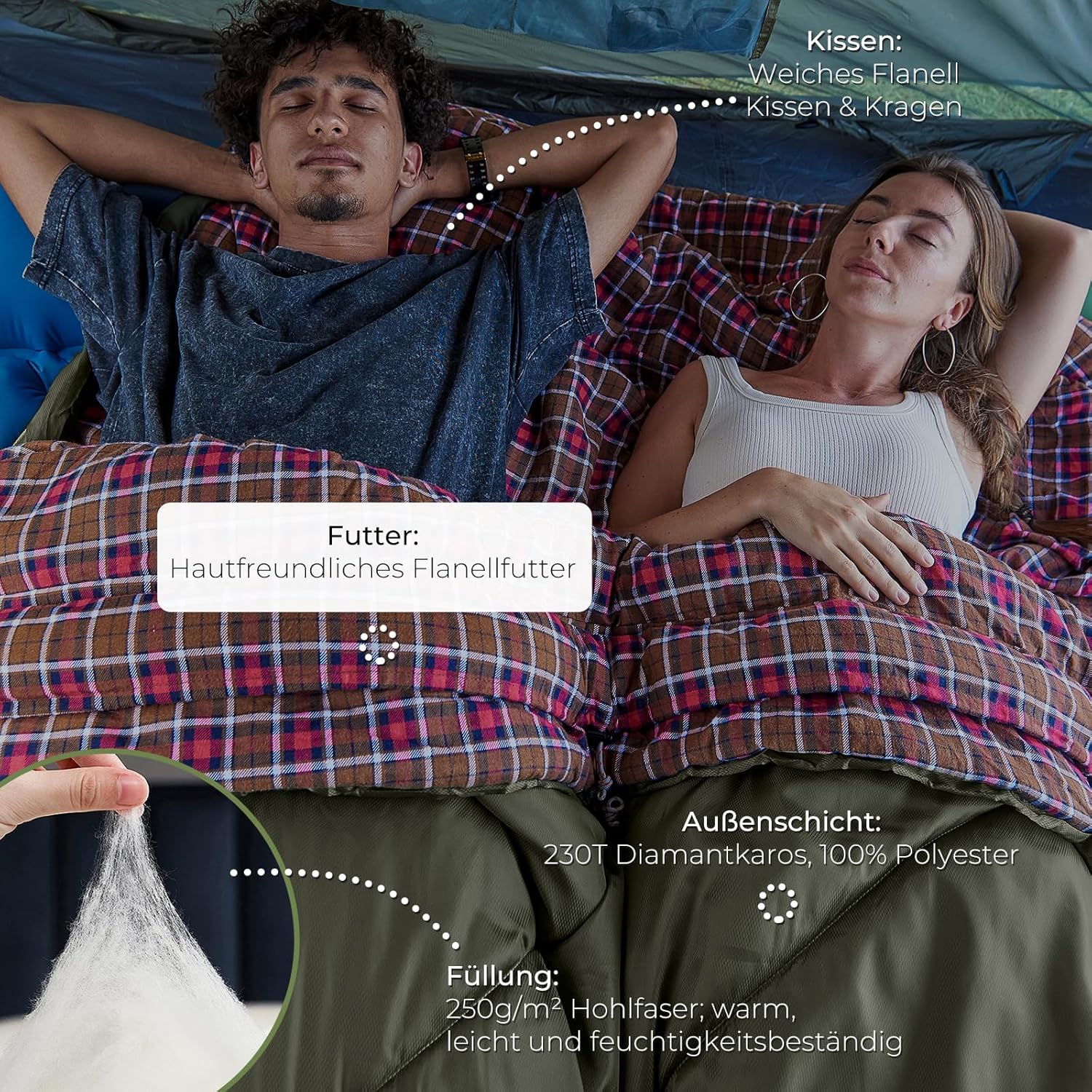 KingCamp Doppelschlafsack Flanell, Schlafsack 2 Personen, Schlafsack 3-4 Jahreszeiten, wasserfest, warm und komfortabel, verpackbar Schlafsack Outdoor