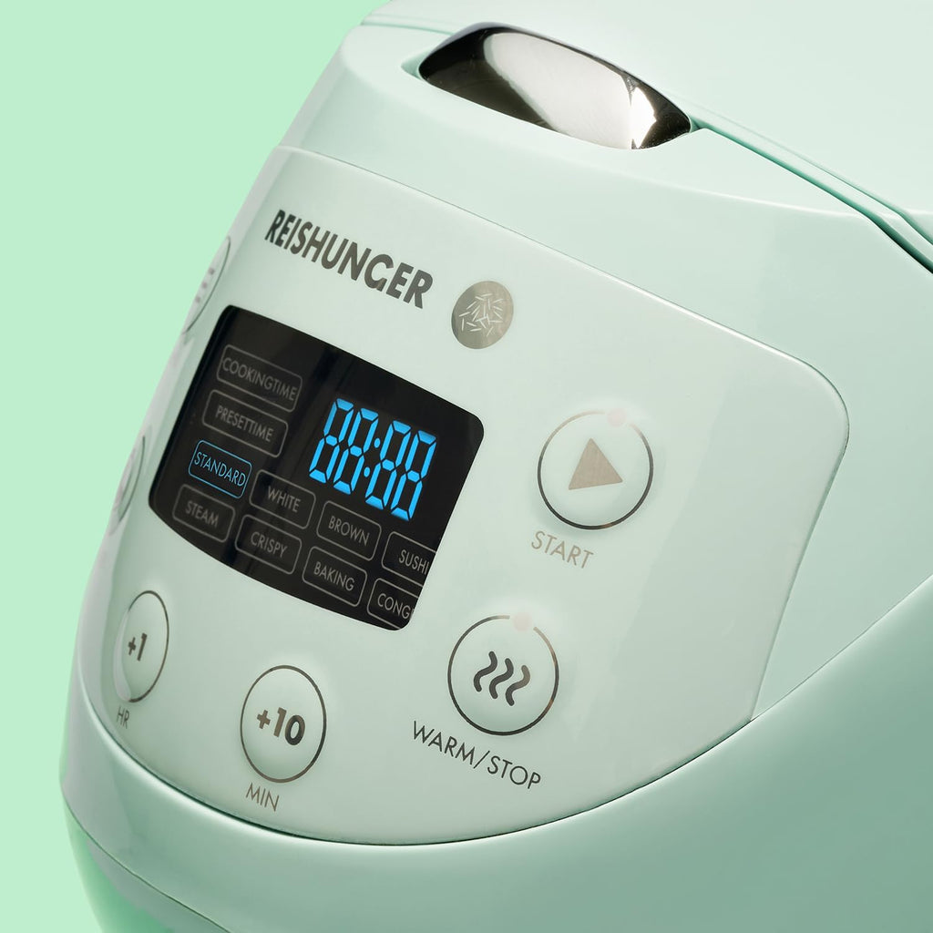 REISHUNGER Cuociriso digitale piccolo, nero | Da 0,6 L fino a 3 persone | Funzione mantenimento calore, timer e pentola premium | Multicooker e vaporiera piccoli, 8 programmi, tecnologia a 7 fasi