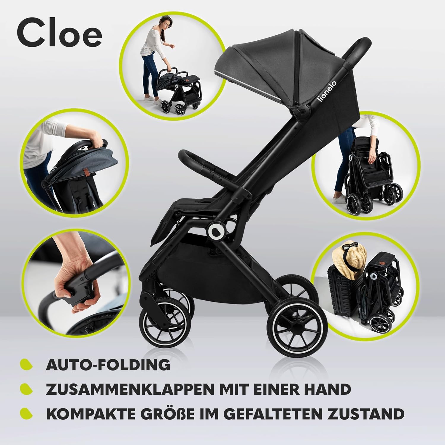 LIONELO Cloe Passeggino Pieghevole fino a 22 kg, Schienale Reclinabile Funzione Nanna, Imbracatura a 5 Punti Grandi Ruote Girevoli Zanzariera Porta Biberon Leggero Compatto Impermeabile (Grigio)