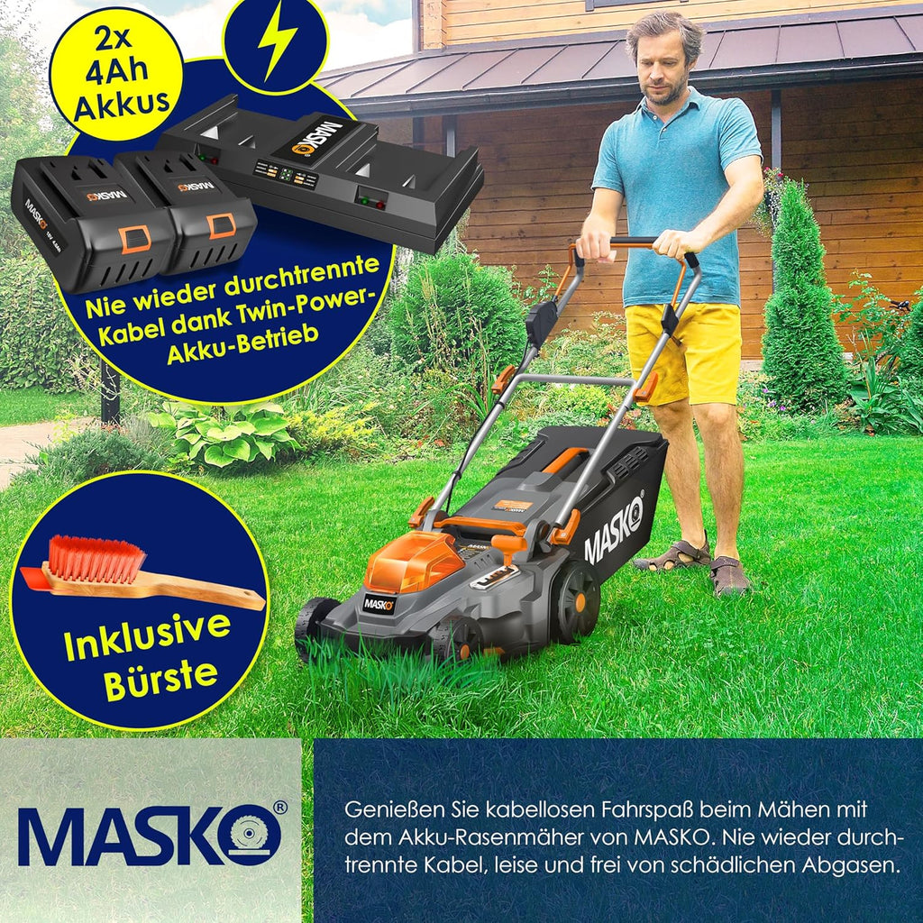 MASKO® Akku Rasenmäher mit Mulchfunktion inkl. 2X Akkus Li-Ion Batterie 4Ah & Doppel-Ladegerät – Rasentrimmer Schnittbreite 37cm, 6-fache 25-75mm Schnitthöhenverstellung Fangkorb 40L bis 600m² Flächen
