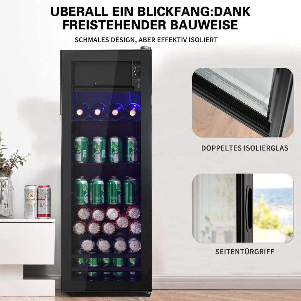 Frigorifero Merax 128L, Frigorifero da incasso per bevande con frigorifero da 120L + congelatore da 8L, con luce LED interna e ripiani regolabili, silenziosissimo per ristorante, bar, bevande e birra