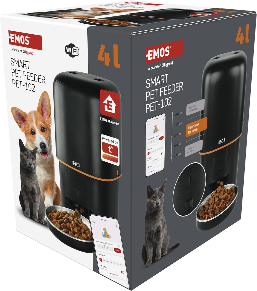 EMOS - GoSmart Futterautomat 6 l mit Kamera - WLAN Pet Care Futterspender mit App - Trockenfutter Automat für Katze & Hund mit Zeitplan, Sprachaufzeichnung, Dosierung 1–12 Mahlzeiten pro Tag - Schwarz