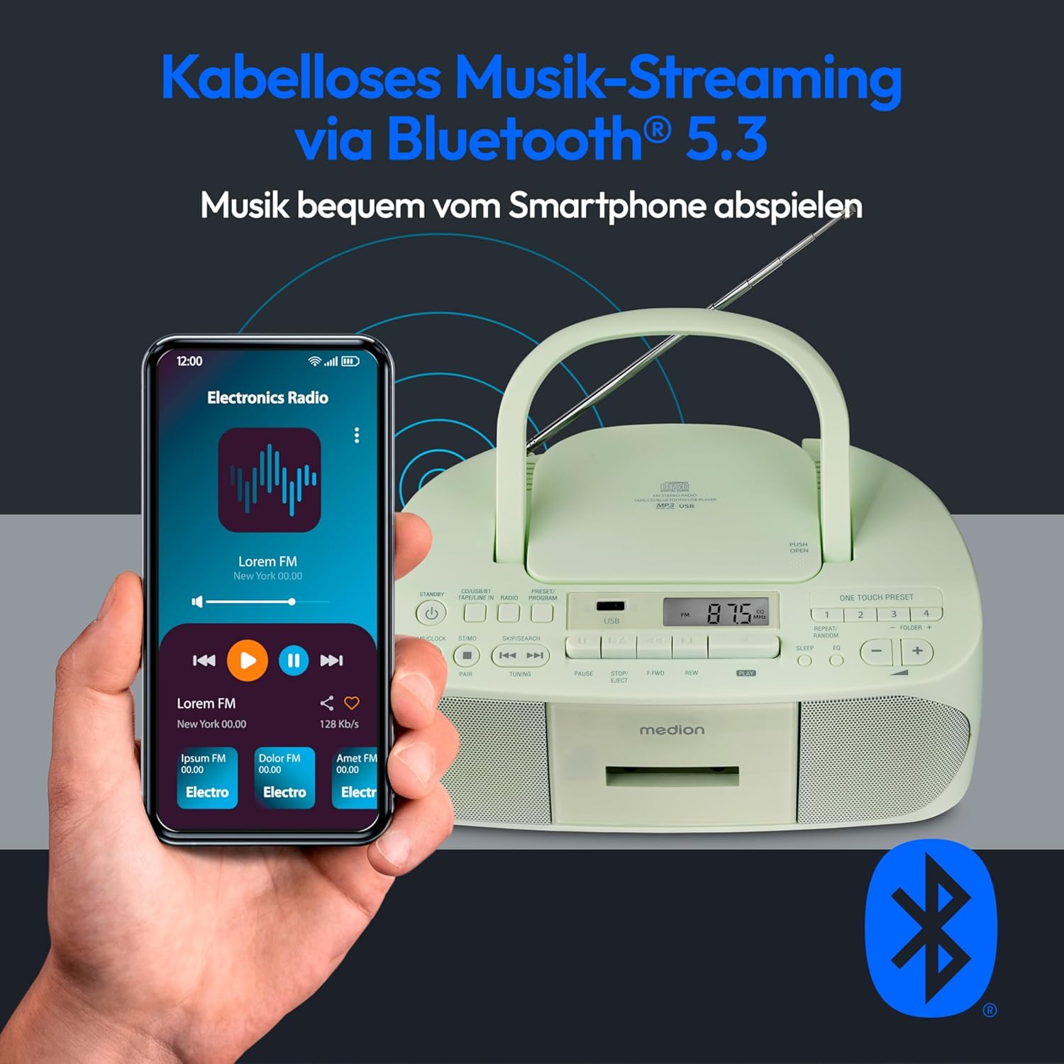 MEDION E65010 Radioregistratore stereo (lettore CD, cassetta, porta USB, ingresso audio AUX, riproduzione MP3, radio PLL FM, 40 stazioni memorizzabili, funzionamento a batteria, telecomando) bianco